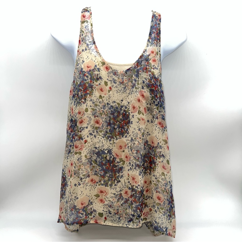 Joie Floral Sheer Silk Tank Top in Cream/Blue/Red-Attached Cotton Tank-Size M